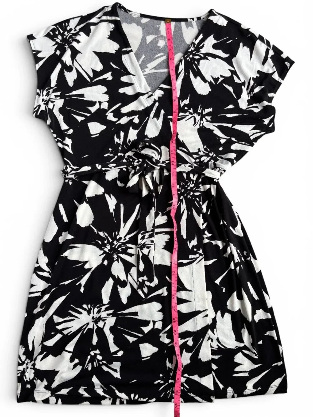 Nine West Black White Floral Faux Wrap Dress Belted Stretch Size L